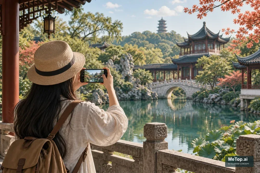 示意:游客用手机拍摄园林,记录喜欢的风景